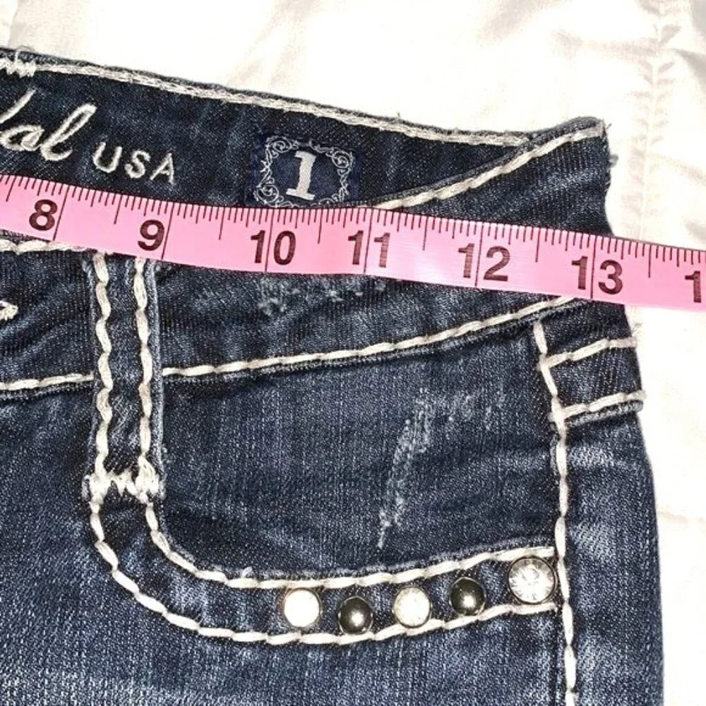 Aidal USA Womens Denim Capri Jeans W27 L12 Size 1 Dark Wash Studded Rolled Hem - Picture 9 of 9